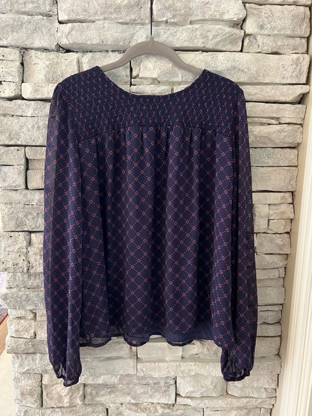 Draper James Navy Blouse with Red Geometric Print